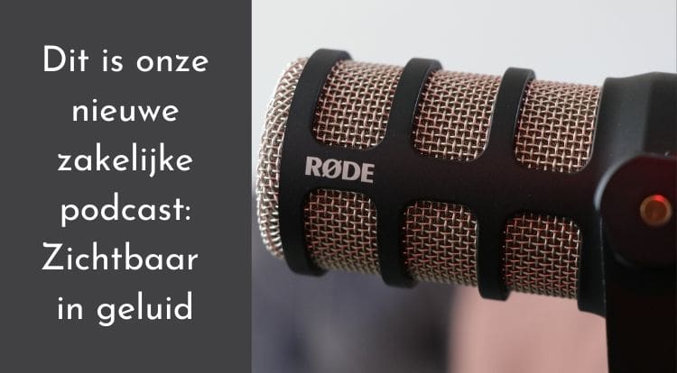 Banner voor de zakelijke podcast Zichtbaar in geluid met podcastmicrofoon.