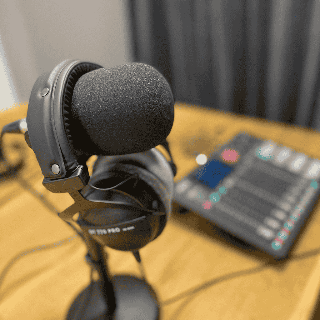 Podcast Kennismaaksessie in de podcaststudio van Klemtoon Media. Microfoon en koptelefoon klaar voor opname